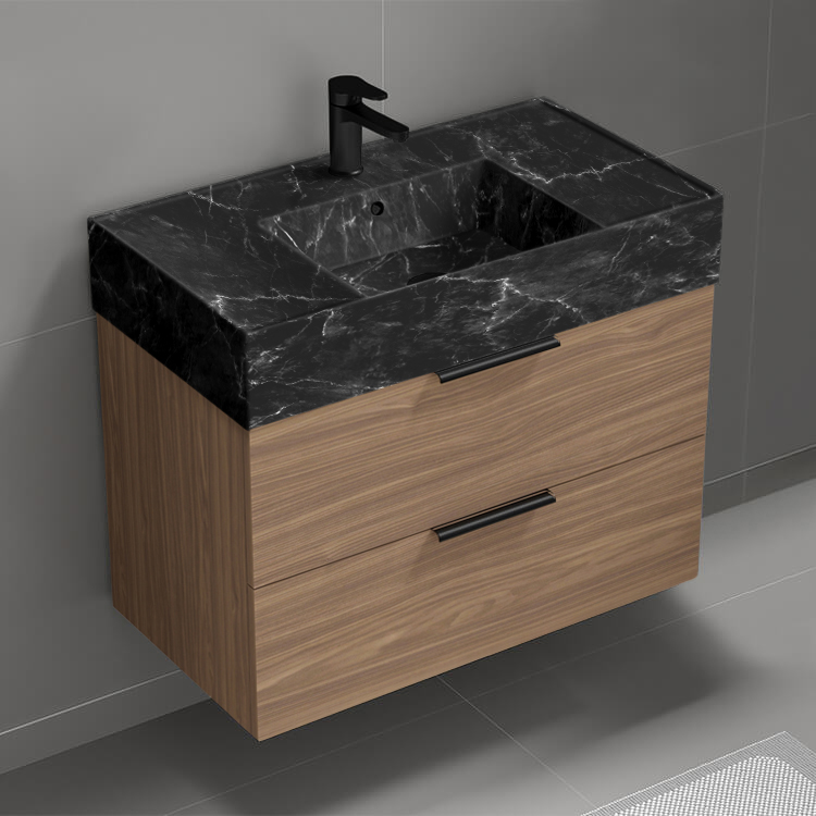 Nameeks DERIN888 Walnut Bathroom Vanity With Black Marble Design Sink, Wall Mounted, Single, 32 Inch, Modern